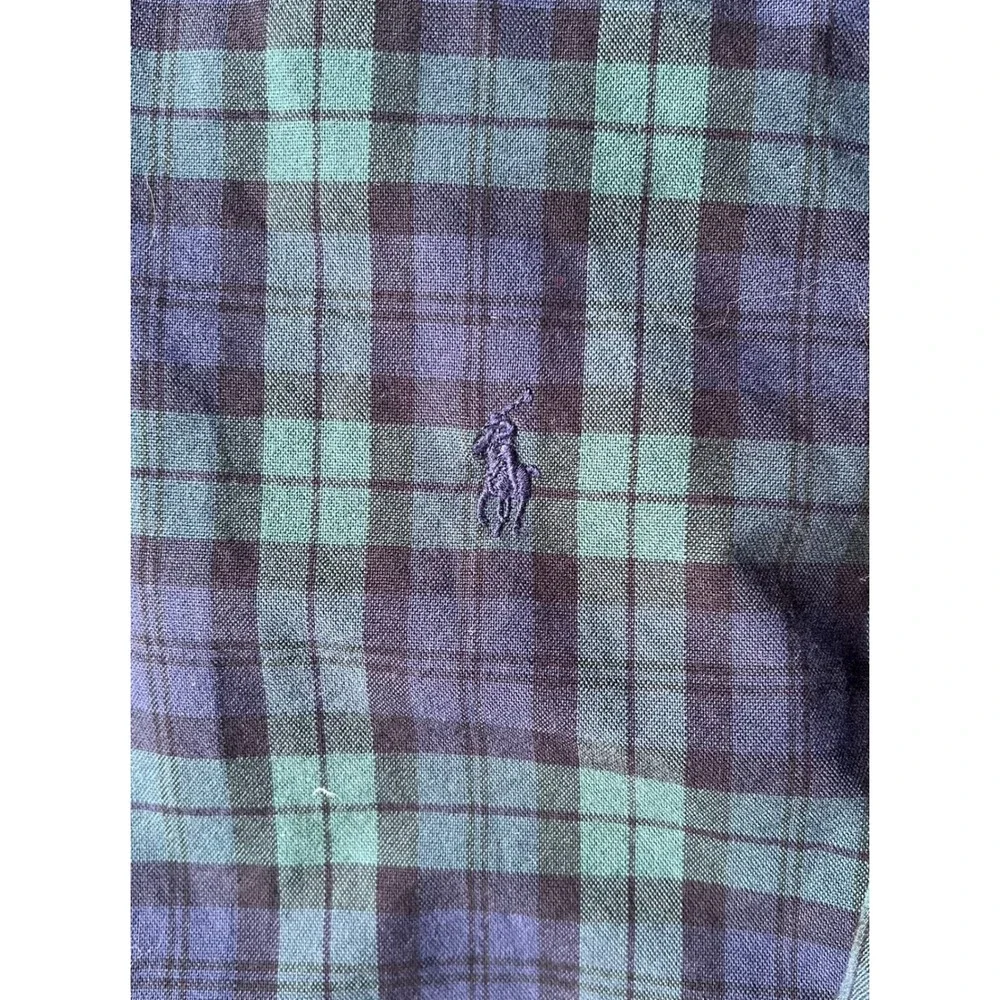 Polo Ralph Lauren Slim Fit Shirt Mens Large Green Navy Black Watch Plaid Cotton